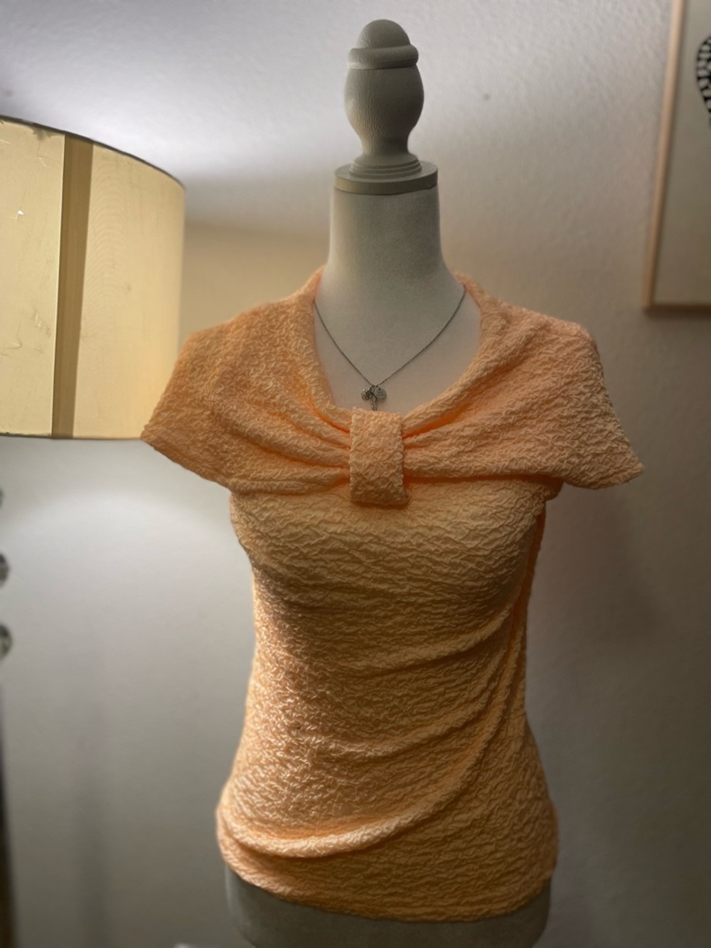 Textured Peach Short Sleeve Top with Draped Collar